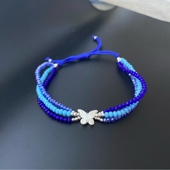 925 Sterling Silver Blue Thread  Butterfly Adjustable Three Layer Bracelet - Picture 6 of 13